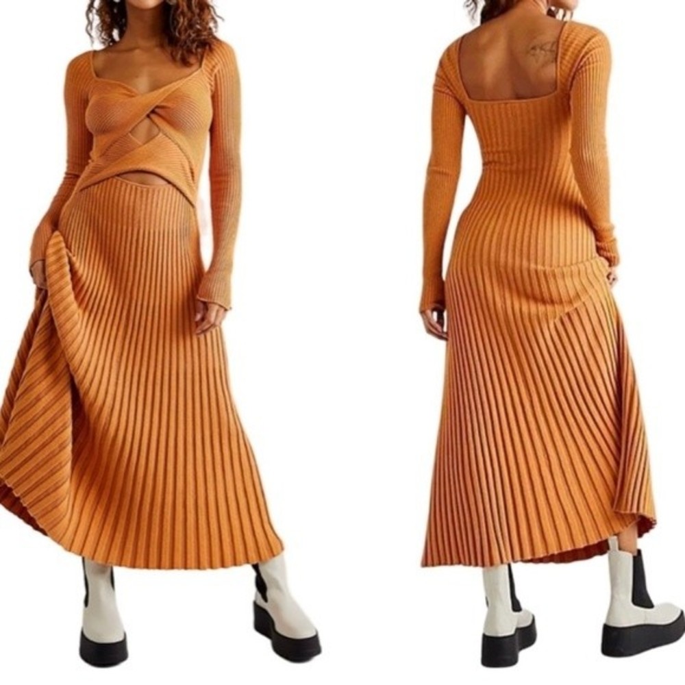Free People Ribbed Knit Midi Dress in Burnt Orange